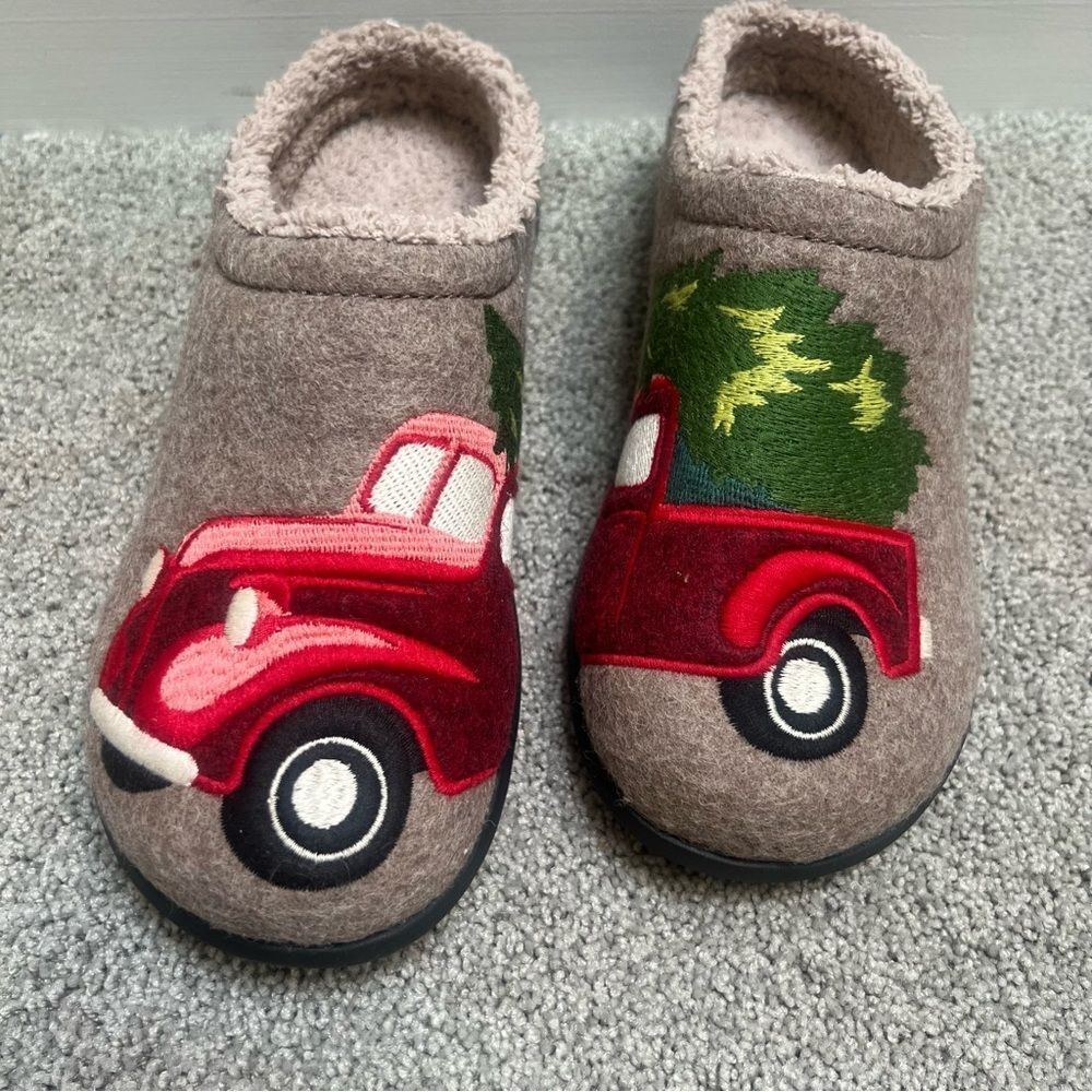 L.L. Bean Tan Felt Mules with Red Truck and Green Tree Appliqué